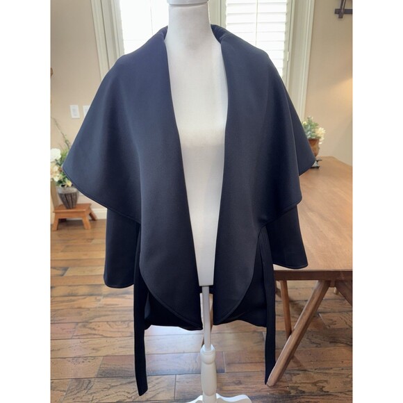 L’Atelier Navy Cape Jacket Coat XS Open Front Belted Draped Collar Elegant Layer - Picture 5 of 11